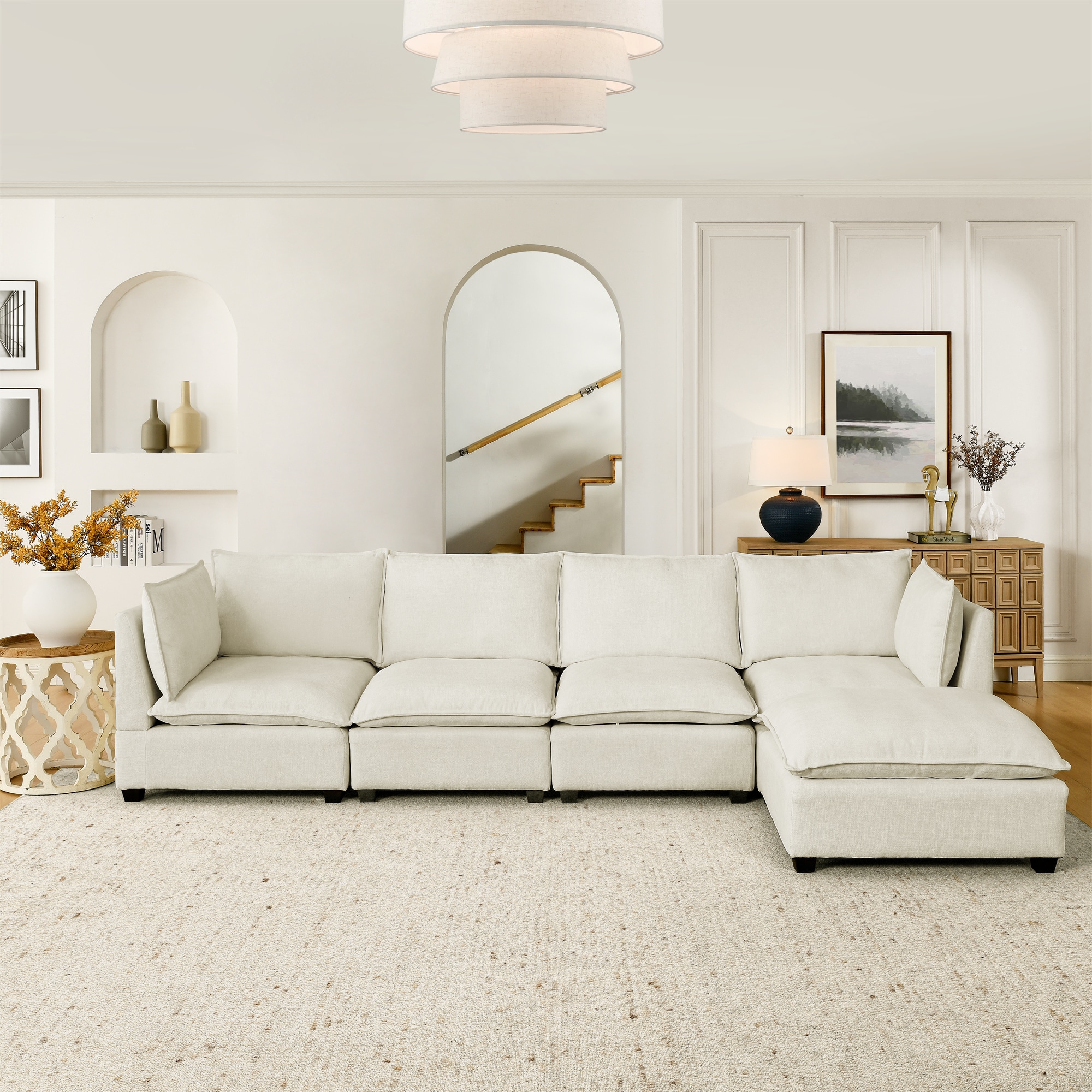 Convertible Sectional Sofa Couch with Ottoman, Cloud Couch 4 Seat L Shaped Sofa with Padded Armrests And ottoman .Cloud Sofa for Living Room, Apartment and Office, Beige(Beige White) 